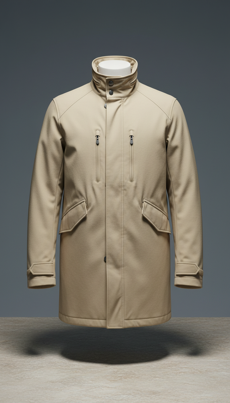 Sand technical overcoat with water-resistant finish