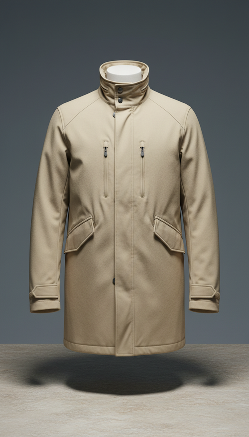 Sand technical overcoat with water-resistant finish