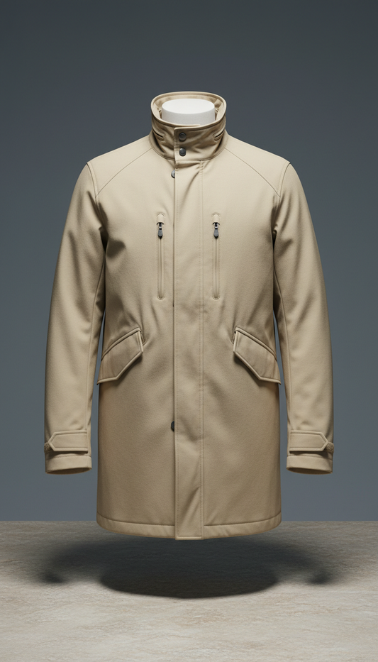 Sand technical overcoat with water-resistant finish
